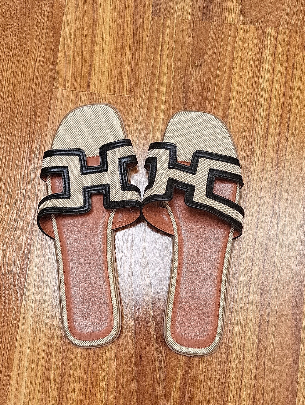 Beige and Black Open-Toe Slide Sandals for Women